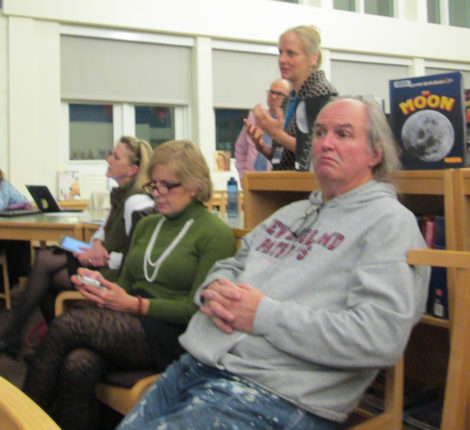 High school renovation opponents Karen Christiansen (in green sweater) and Patrick Fennell together at November 6 School Committee meeting, while Muddy Brook Elementary School Principal Mary Berle addresses the session. Photo: Heather Bellow