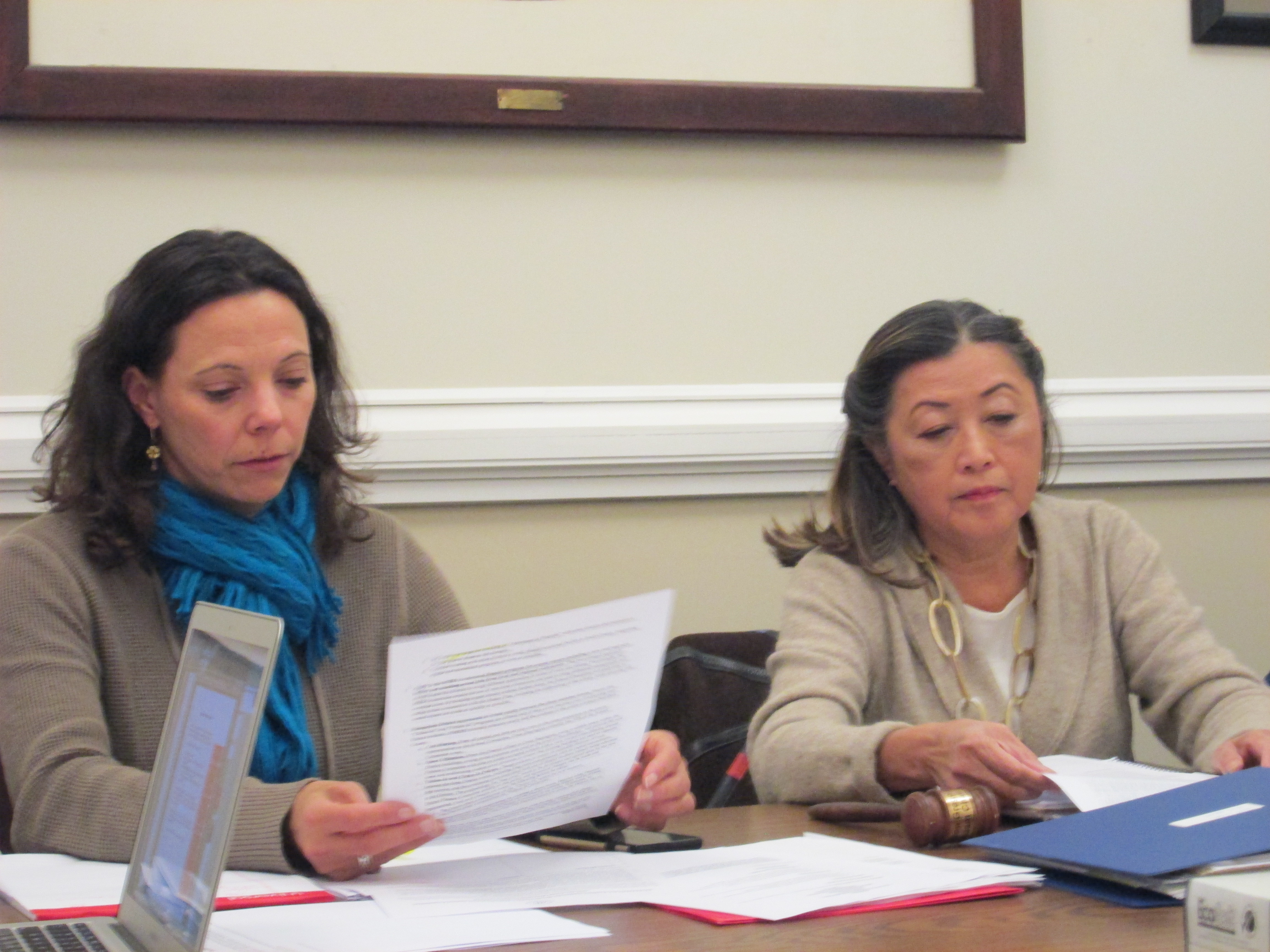 Finance Committee member Leigh Davis, left, reading petition document for the first time, while Committee Chair Gregory waits.