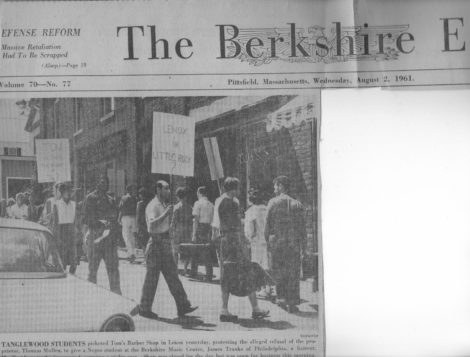 The top of the front page of The August 2, 1961 Berkshire Eagle, with photo of Lenox protest.