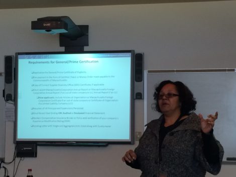 Suzette Waters, from the state's DCAMM office, came to the Great Barrington Fire Station to explain how to apply and qualify for certification for state-funded public works projects. Photo: Heather Bellow