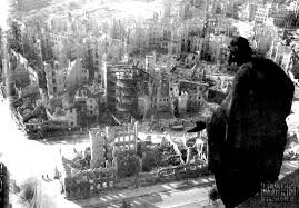 The skeletal remains of buildings in Dresden after the firestorm.