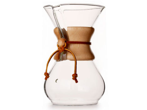 Six-cup Chemex coffee maker.