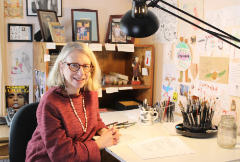 Roz Chast in her Ridgefield, Connecticut studio, March 2015. Photo by Jeremy Clowe for Norman Rockwell Museum. All rights reserved.