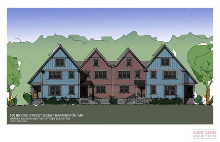 A rendering of the housing units that are a component of the 100 Bridge Street plan that includes a park and riverfront walkway.