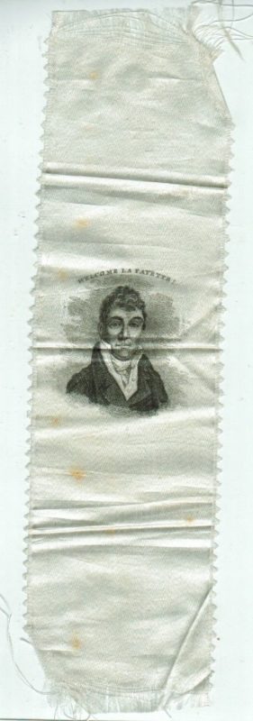 A 'Lafayette' ribbon, worn in honor of the Marquis de Lafayette, when he revisited the United States in 1824.
