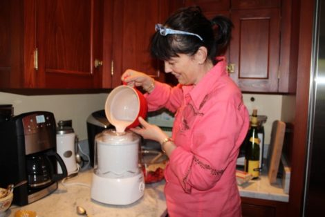 The author preparing strawberry ice cream.
