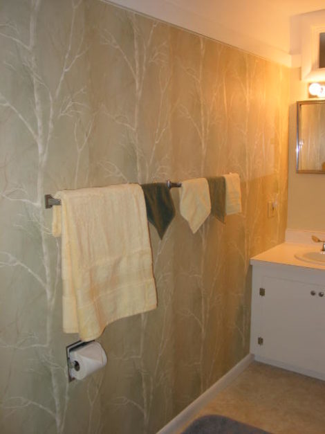 View of the vanity in the “Birch” powder room carved out between two rooms. Photo: Erica Fay