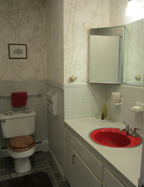 A full bath sacrifices counter space to add a stall shower to a powder room. Photo: Erica Fay