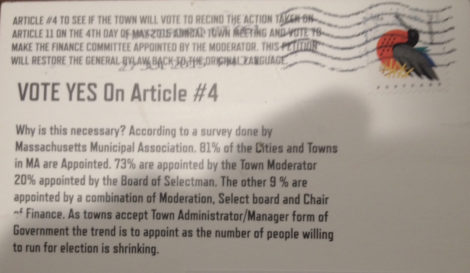 The back of the postcard urging the approval of an appointed rather than elected Finance Committee.