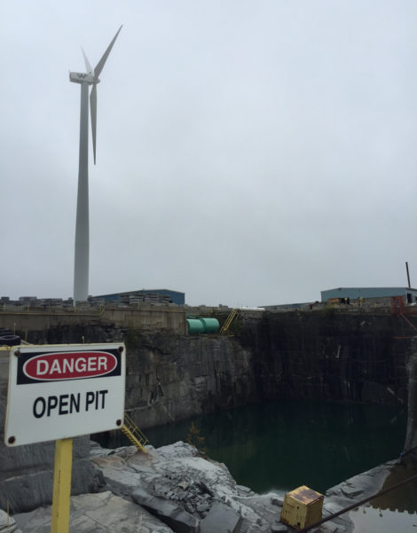 The Williams Stone Company wind turbine is located in the center roof the company's operations.