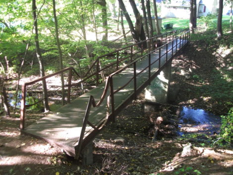 A footbridge links the Grove Street Park and Bentley Avenue. The curved railing is creative artistry left by a fallen tree. (Drew photo)