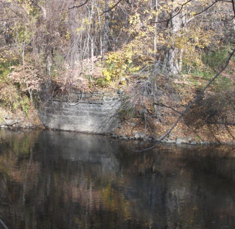 This is the east abutment of a bridge that linked Mary Frances Sherwood Hopkins’ Kellogg Terrace estate with the east side of the Housatonic River — and her stone quarry. (Drew photo)