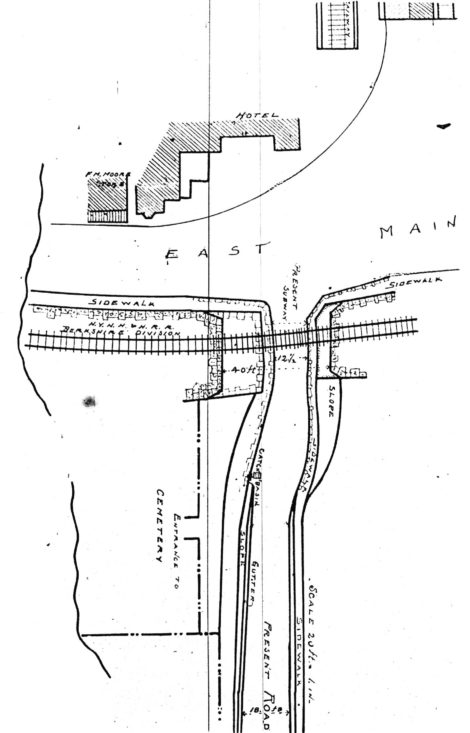 The map shows the “improvement” to the Housatonic underpass, with the town pushing to have the tunnel made 40 feet wide. The “Entrance to Cemetery” is speculative. Brick House Pub is on the site today. Greenlawn Cemetery was established instead on Vandeusenville Middle Road. (Berkshire Courier, Dec. 18, 1902).