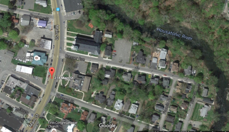 An aerial photo of Great Barrington depicting the area potentially affected by the migration of carcinogenic pollutants from Ried Cleaners. Photo: Google maps