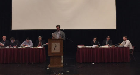 Great Barrington Selectboard during hearing on special permit for the Berkshire Hotel. Board Chairman Sean Stanton at podium. From left, Bill Cooke, Ed Abrahams, Dan Bailly, vice chairman Steve Bannon, Town Manager Jennifer Tabakin, Town Counsel David Doneski, and Town Planner Chris Rembold. Photo: Heather Bellow