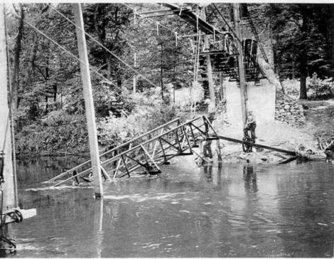 The Park Street footbridge (4) to Ice Glen was a mess after it collapsed during construction in 1936. (Stockbridge Library Local History Room Collection)