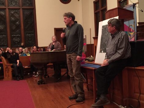 Environmental advocate Denny Alsop of Stockbridge and HRI founder Tim Gray address 'Stop the Dumps' meeting. Photo: Heather Bellow