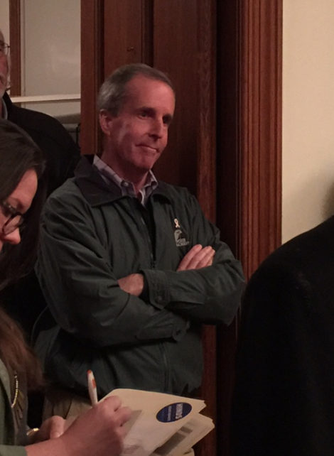 State Rep. William 'Smitty' Pignatelli (D-Lenox) listens to presentation at 'Stop the Dumps' meeting. Photo: Heather Bellow