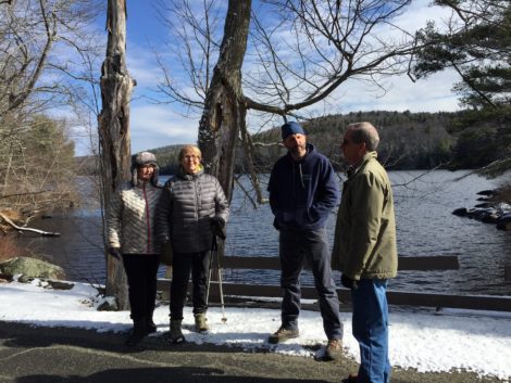 At the shore of Spectacle Pond, Jean Atwater- Williams of Sandisfield Taxpayers Opposed to the Pipeline (STOP), Sandisfield Board of Selectmen Chair Alice Boyd, Arborist Tom Ingersoll, and state Rep. William Smitty Pignatelli. Photo: Heather Bellow