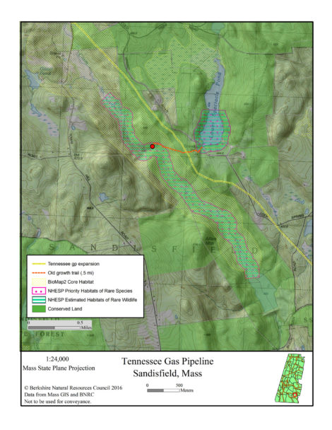 A map of the proposed pipeline extension through protected land, prepared by the Berkshire Natural Resources Council.