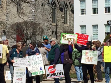 Protestors outside Berkshire Superior Court in Pittsfield, Mass., during the hearing over Kinder Morgan's plan to cut a path through protected Otis State Forest. Photo: Heather Bellow