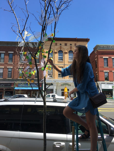 Lily Abrahams affixes Robin Helfand's 'leaves' to sapling on the sidewalk in front of Robin's Candy.