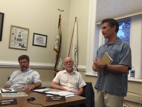 Tim Geller, right, before the Great Barrington Selectboard. Selectboard members Ed Abrahams and Bill Cooke are listening to his presentation. Photo: Heather Bellow