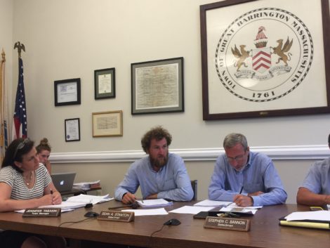 Town Manager Jennifer Tabakin, Selectboard Chair Sean Stanton and Vice Chair Steve Bannon during Geller's presentation. Photo: Heather Bellow