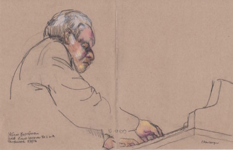 Yefim Bronfman performing the Liszt second piano concerto. Illustration: Carolyn Newberger