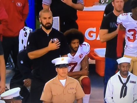 San Francisco 49ers quarterback Colin Kaepernick kneels during the National Anthem at an August game. Photo: Tim Williams for KRON4.com