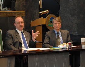 Carl Dierker, EPA's counsel for the New England region, favored EPA's approach and analysis for GE's cleanup of the Housatonic River. GE is threatening to appeal Dierker's decision. To his left is EPA Regional Administrator Curt Spaulding. Photo courtesy Boston Bar Association.