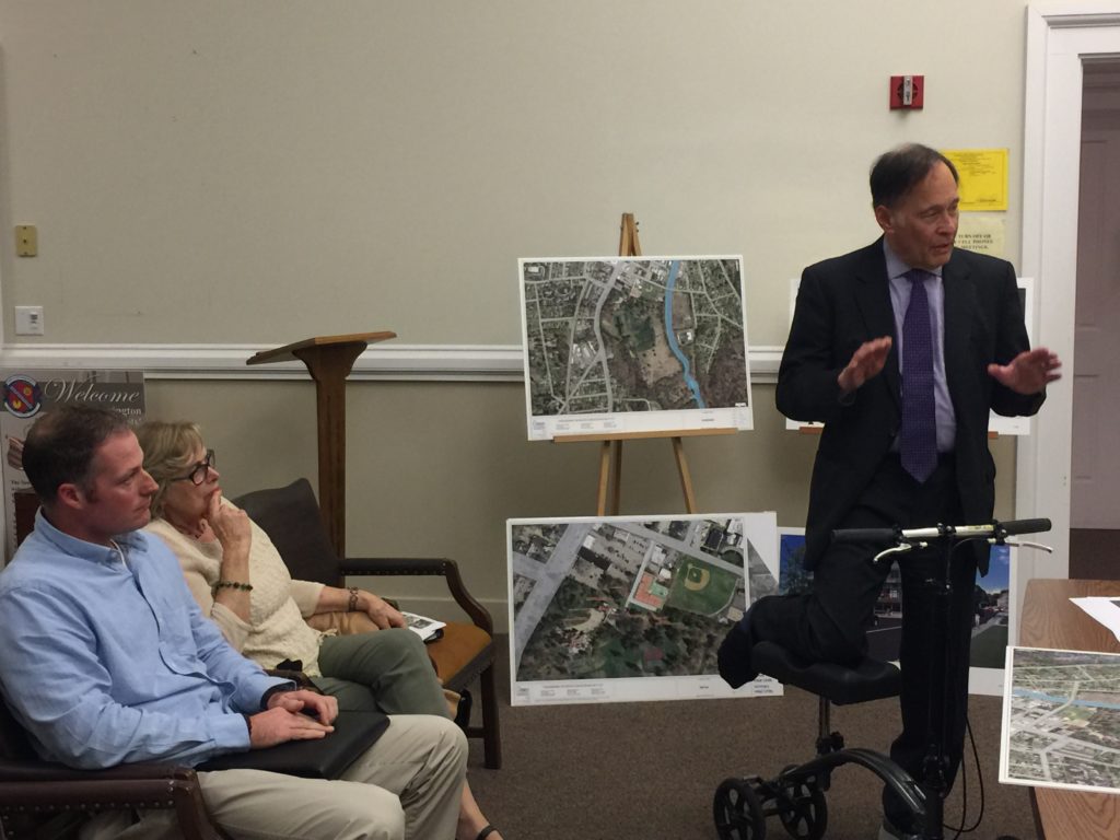 Representing the Bratter family is attorney Jeffrey Cook (right) speaking to the Commission. Seated are (from left) Robert Gaughran, Facilities Manager at John Dewey Academy, the present tenant at Searles Castle, and Carole Bratter, the Castle’s owner. Photo: Heather Bellow.