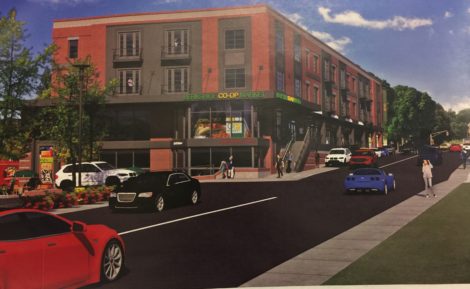 A view of the building looking west from Bridge Street toward Main Street.