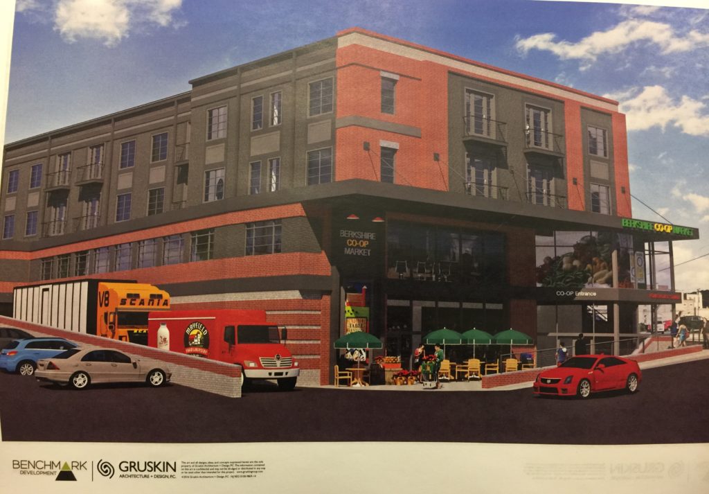 The proposed building as seen from the parking lot. The loading dock faces south.