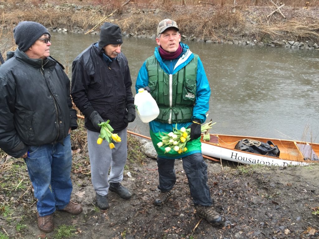 At Fred Garner Park in Pittsfield where GE has successfully cleaned the river. From left: Housatonic River Initiative's Tim Gray and Benno Friedman with Denny Alsop, who paddled on the Housatonic River to Boston to draw attention to the river. Photo: Heather Bellow.