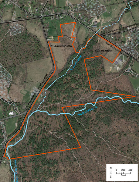 A map of the 114-acre New Marlboro Preserve. The preserve is outlined in red; the New Marlborough village green is at the top.