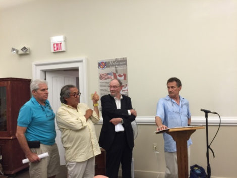 From left, Community Development Corporation of South Berkshire (CDC) board members Richard Stanley, Jeff Cohen, attorney Peter Pucilosky and CDC’s executive director Tim Geller speaking on behalf of the 100 Bridge St. project before the Great Barrington Zoning Board of Appeals in July. The ZBA approved the CDC’s special permit, but one ZBA member was opposed to the site not being remediated all at once. Photo: Heather Bellow