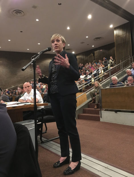 Principal Marianne Young speaking at the Great Barrington Town Meeting. Photo: David Scribner