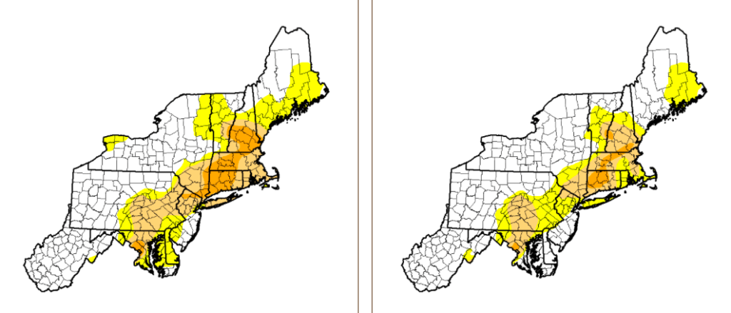A comparison of the level of drought in the Northeast on March 14, left, and March 21, right. Image courtesy U.S. Drought Monitor