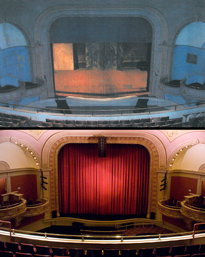 The Mahaiwe proscenium before and afater the renovation led by Hugh Hardy.