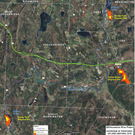 GE has proposed three South Berkshire County sites (in orange) for depositing PCB sludge dredged from the Housatonic River and its banks.