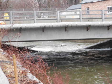 The Park Street Bridge, with one end of the collapse beam submerged in the Housatonic River. Photo: Terry Cowgill