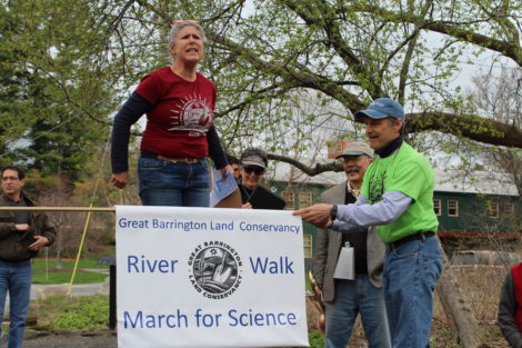 Great Barrington Land Conservancy board member Christine Ward and Tim Geller set the stage for the events as participants gather. Photo: Terry Cowgill