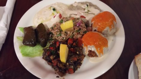 Tangier feast of hummus, baba ganoush, tabouli, mousaka, dolmas, warm pita and the best Falafel