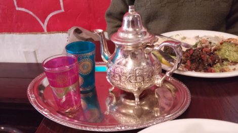 Moroccan sweet mint tea served in jeweled colored glasses. Photo: Anne Dwyer