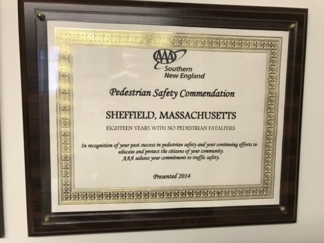 The 2014 citation from AAA commending Sheffield for pedestrian safety.