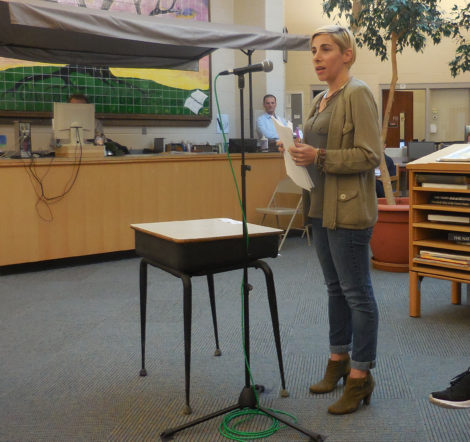 Parent Mariana Cicerchia presented a petition signed by 119 parents asking the School Committee not to cut the arts. Photo: Terry Cowgill