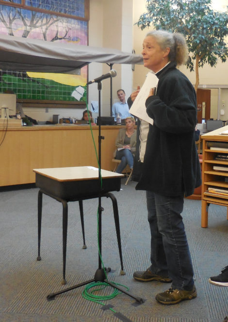 Rikke Borge, whose granddaughter attends Undermountain Elementary, broke into song in an effort to preserve funding for the arts. Photo: Terry Cowgill