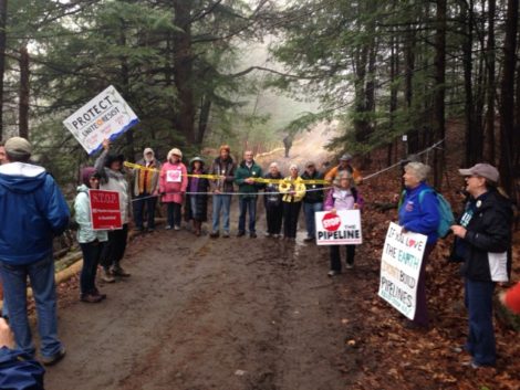 Protesters gather at Access Road 3 to prevent Tennessee Gas workmen from entering Otis State Forest. Photo: Will Elwell