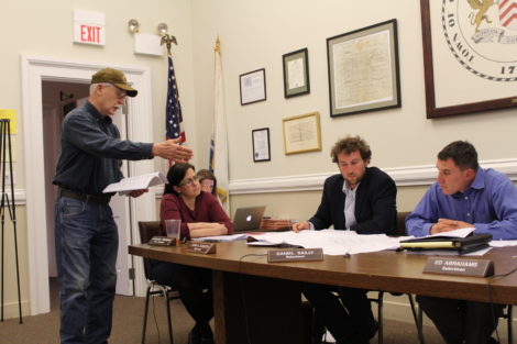 Airport engineer Ralph Stanton explains the project to Town Manager Jennifer Tabakin, Select Board Chairman Sean Stanton and Selectman Dan Bailly. Photo: Terry Cowgill